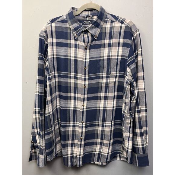Chaps‎ Brushed Flannel Shirt Mens Large Blue Plaid button front Casual - Picture 1 of 8
